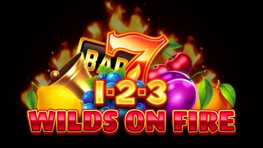 O design vibrante e clássico do slot 1-2-3 Wilds on Fire com símbolos de frutas em chamas.