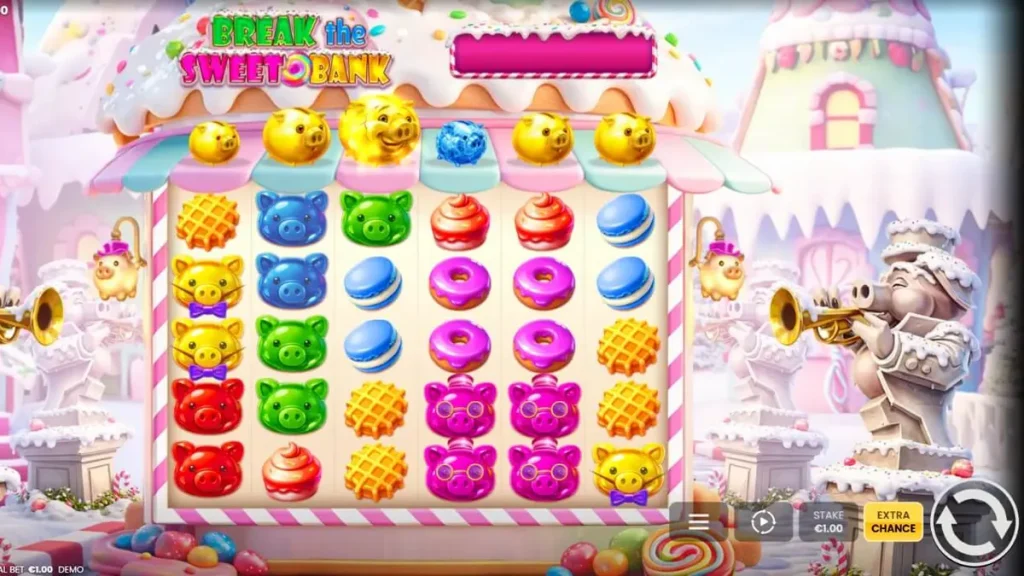 Interface colorida e vibrante do jogo Break the Sweet Bank com porquinhos acima dos rolos