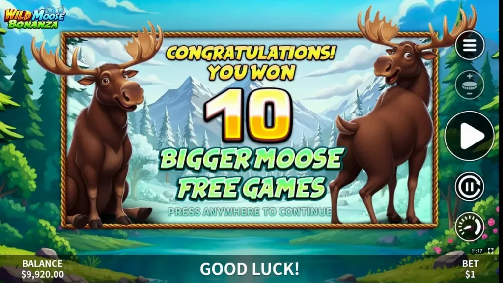 Interface do jogo Wild Moose Bonanza com símbolos de natureza e alces