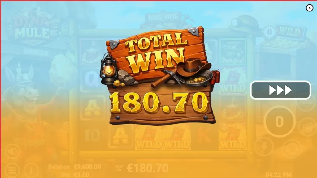 Dyna Mule slot machine interface featuring mining theme and mechanical mule character