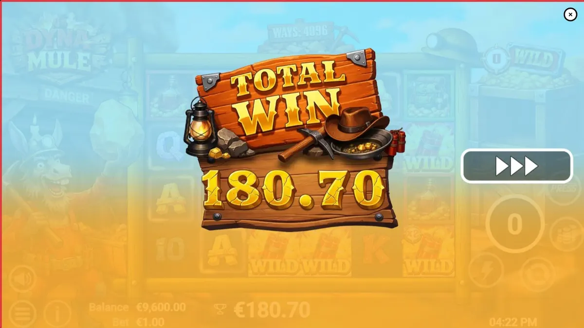 Dyna Mule slot machine interface featuring mining theme and mechanical mule character
