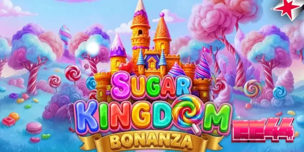 Cenário colorido e doce do jogo Sugar Kingdom Bonanza com elementos de fantasia.